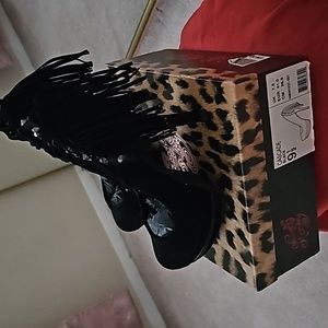 NAUGHTY MONKEY BLACK SUEDE HEELS, WITH FRINGE AND SILVER STUDS